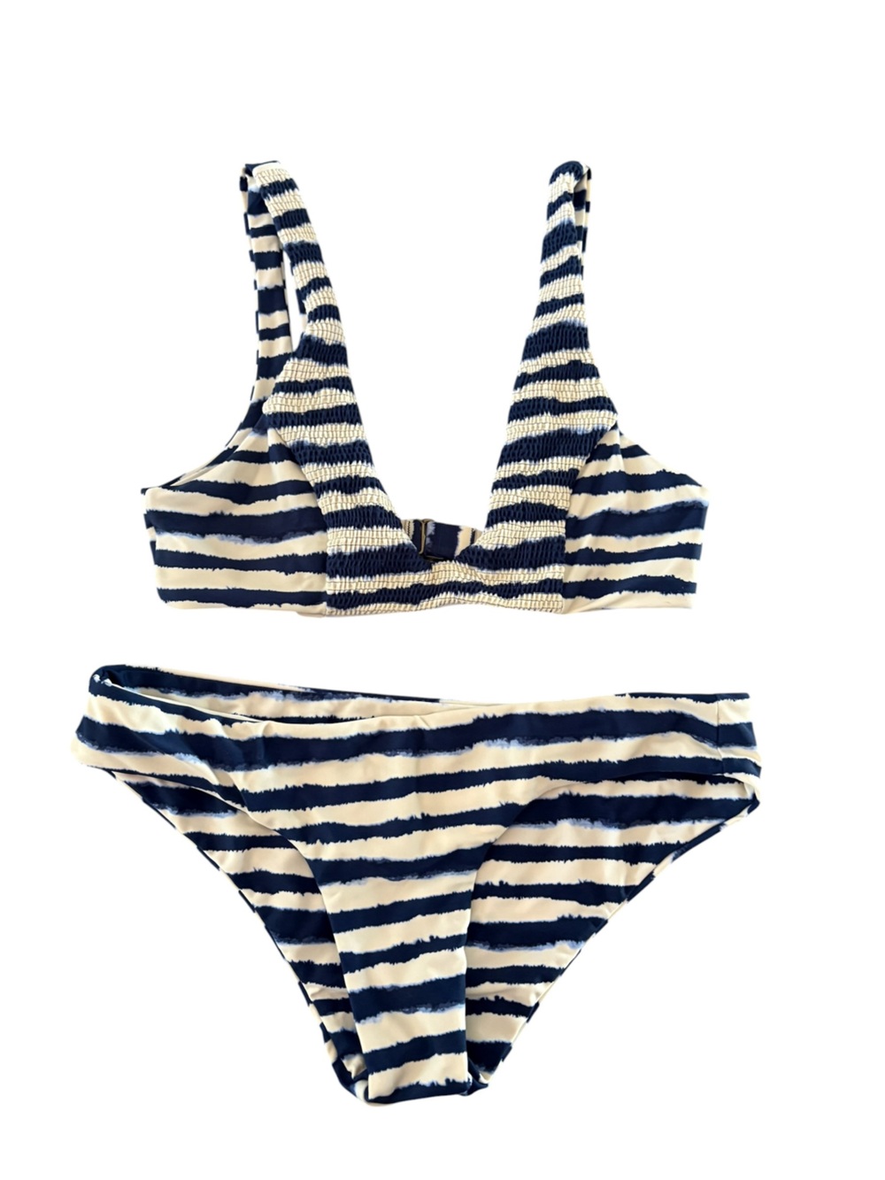 Tori Praver Bikini Deep V Navy White Stripe Size Medium Swimsuit- Bathing Suit